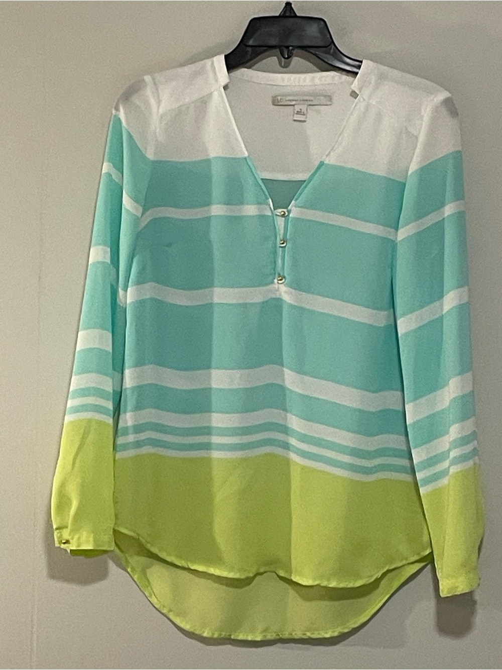 LC Lauren Conrad Mint & Lime Striped Split-Neck Blouse. Item # 11536